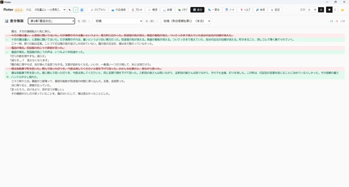 差分推敲:初稿と改稿を行単位で比較