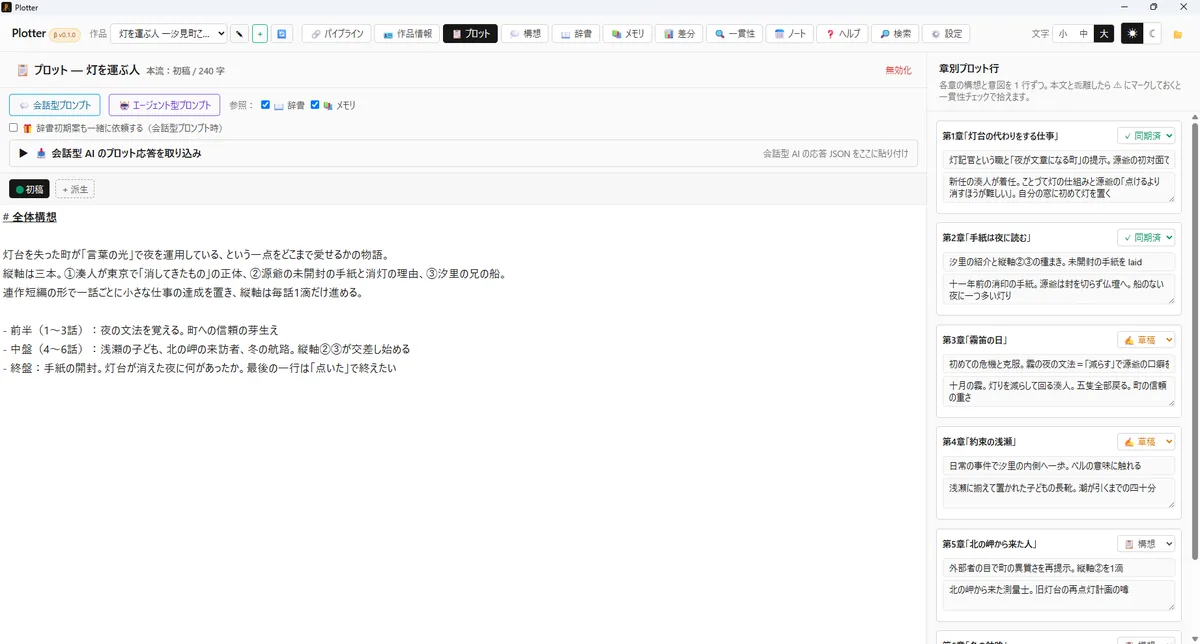 プロットタブ:全体構想と章別プロット行